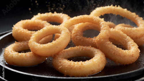 onion rings frying in hot oil, with bubbles and steam rising from the pan