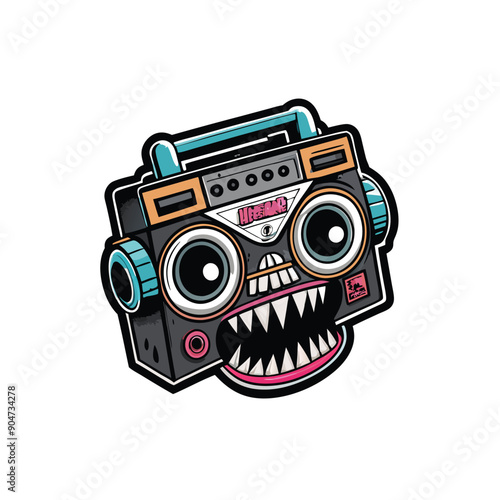 Design a vector graphic of a retro boombox character with a toothy grin, big eyes, and a colorful design.