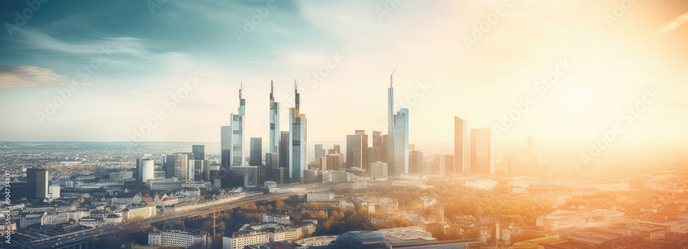 Panoramic City Skyline at Sunset with Sun Flares Panoramic City Skyline at Sunset with Sun Flares