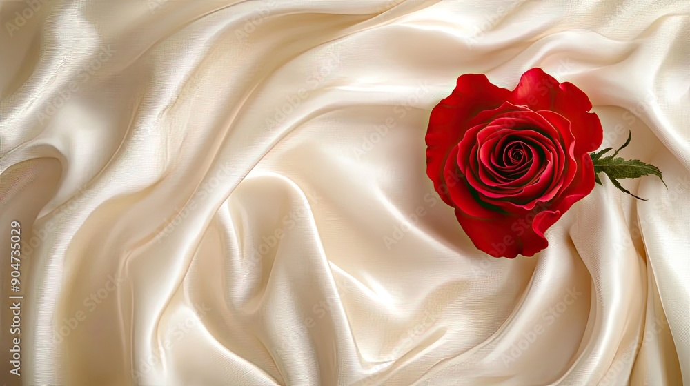 Wavy beige nacre silk with a red rose placed on top. Abstract horizontal background with ample copy space for sophisticated visuals. Wavy beige nacre silk with a red rose placed on top. Abstract horizontal background with ample copy space for sophisticated visuals.