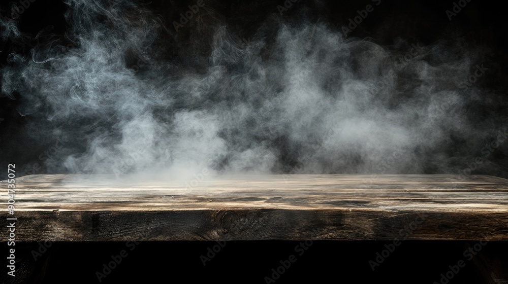 Wooden table and wisps of smoke rising on a black background, with plenty of copy space for text. Dark and atmospheric.