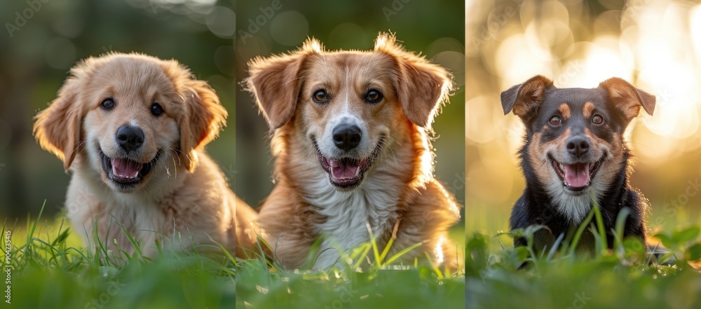 Three dogs resting on luxuriant green field Three dogs resting on luxuriant green field