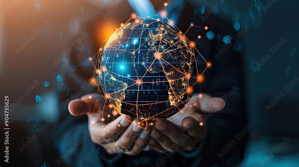 Hands Holding a Holographic Earth with Network Connections Hands Holding a Holographic Earth with Network Connections