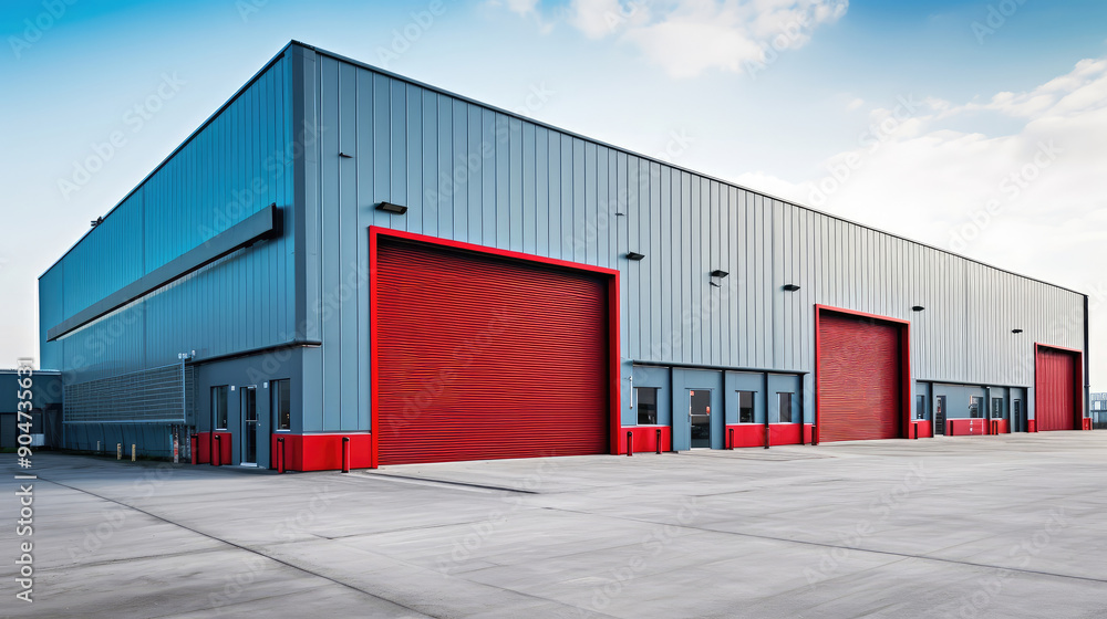 Modern Warehouse Building with Red Roller Doors Modern Warehouse Building with Red Roller Doors