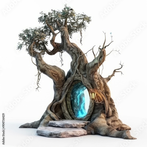 3D Render, Low Poly style of enchanted tree magic portal, on isolated white background, Generative AI