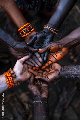 interconnected hands from various ethnicities holding indigenous artifacts, illustrating a profound respect for traditional cultures. photo