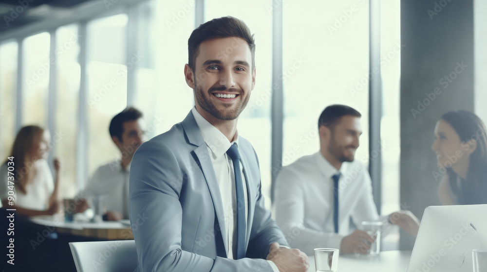 Smiling Businessman in Corporate Meeting Setting Smiling Businessman in Corporate Meeting Setting