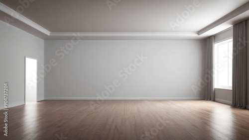 Interior of empty auditorium room with white walls and wooden floor.