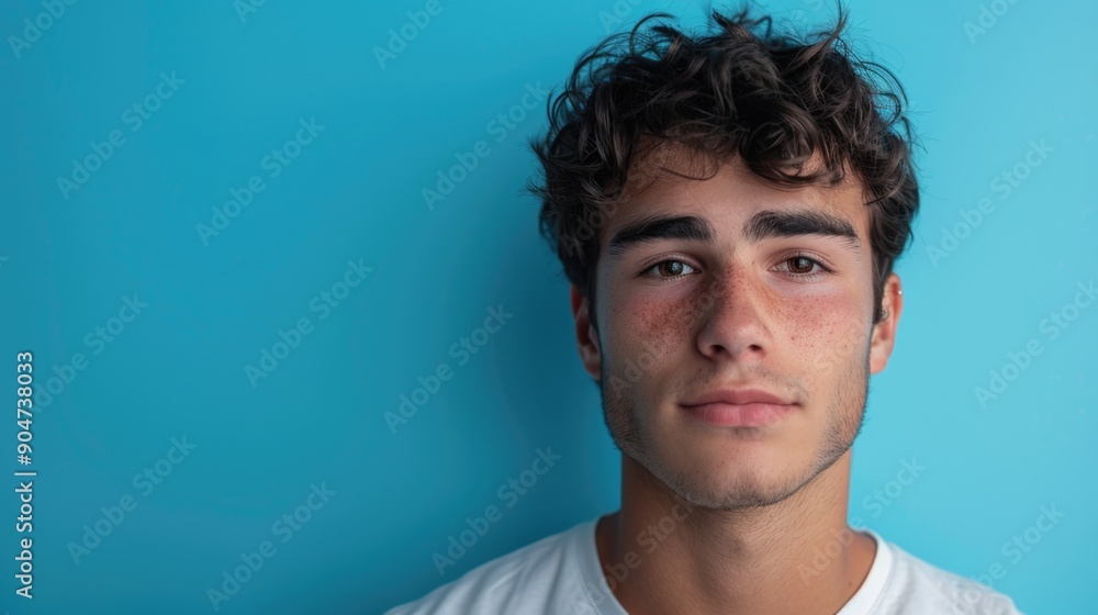 Fototapeta premium Young man staring at blue wall