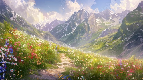 Mountain Meadow with Path and Blooming Flowers