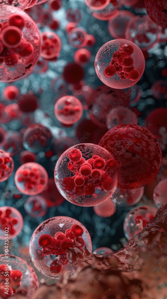 Close-up of vibrant red cells suspended in fluid, showcasing cellular structure and microscopic biology in stunning detail. Close-up of vibrant red cells suspended in fluid, showcasing cellular structure and microscopic biology in stunning detail.