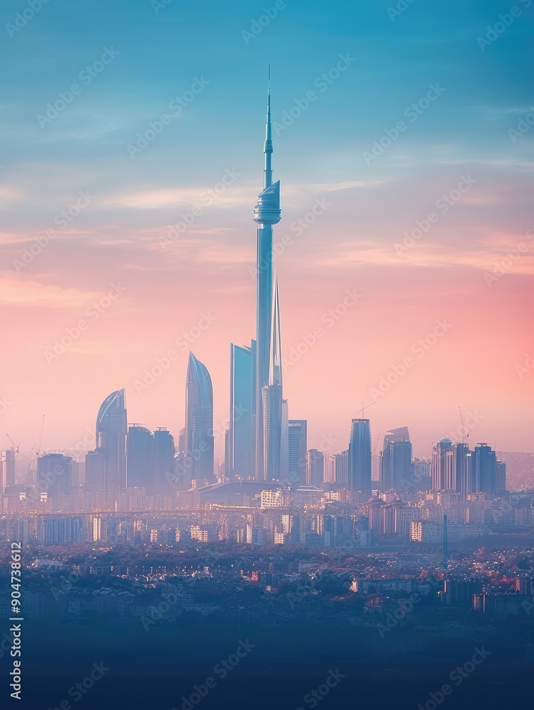 Fototapeta premium Majestic City Skyline at Sunrise with Haze