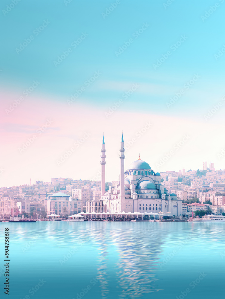 Obraz premium Serene Waterfront Mosque in Pastel Dawn