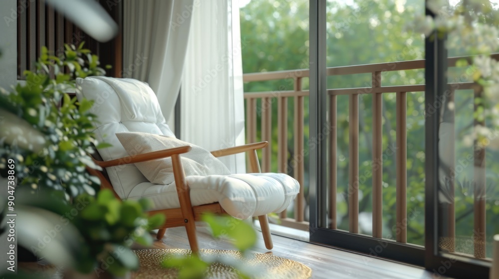 White chair near window with view of balcony White chair near window with view of balcony