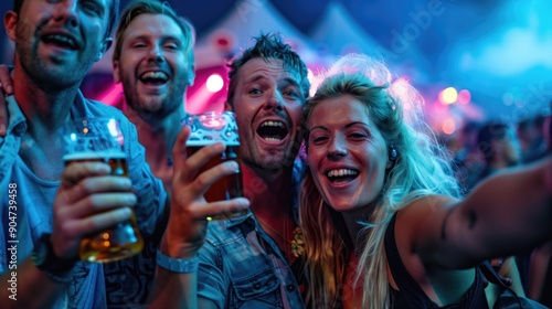 Group men and women holding beer and happy taking selfie