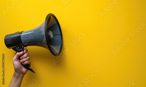 Hand Holding Megaphone Against Bright Yellow Background for Communication Concept