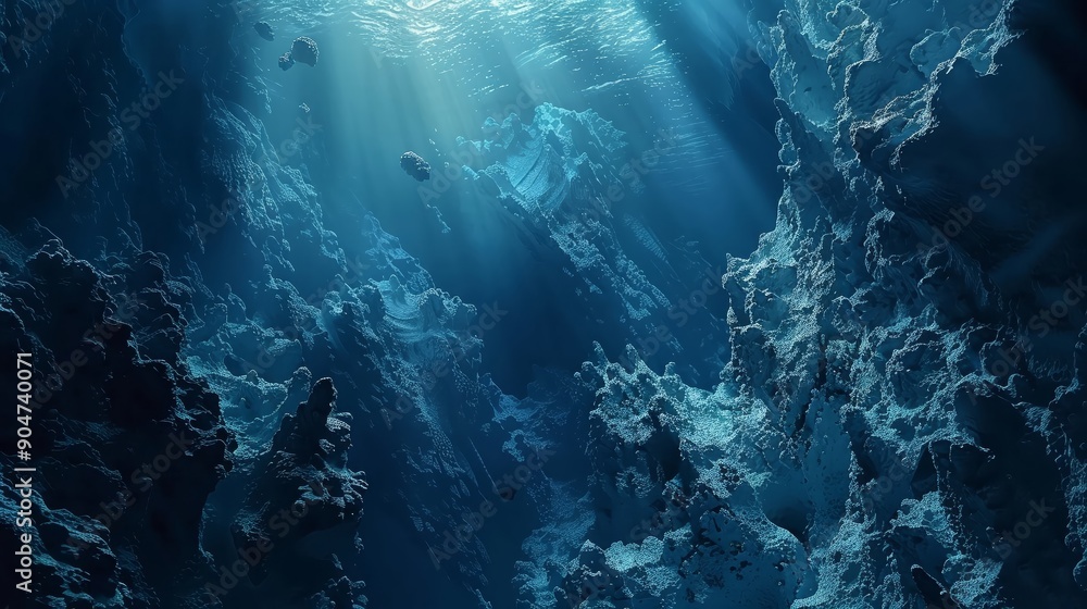 Obraz premium Bring the depths of the unknown ocean to life with a dramatic tilted angle view Showcase the mysterious creatures and landscapes of the deep sea in a way that intrigues and captivates viewers