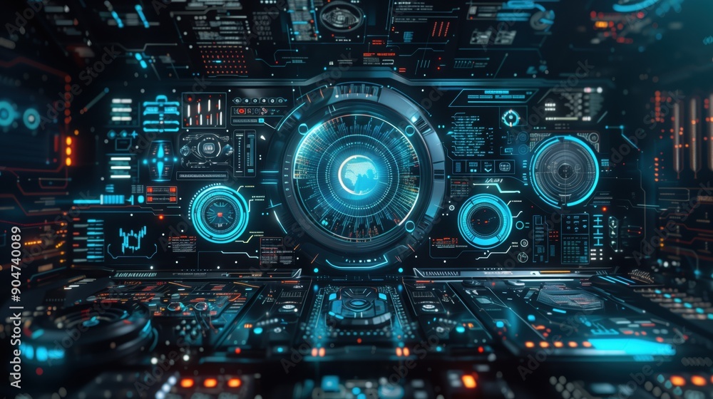 Futuristic Digital Interface with Holographic Elements and High-Tech Graphics in a Sci-Fi Control Room Futuristic Digital Interface with Holographic Elements and High-Tech Graphics in a Sci-Fi Control Room
