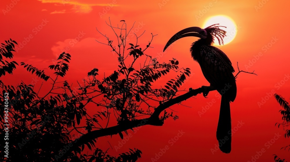 Obraz premium Silhouette of a Hornbill at Sunset