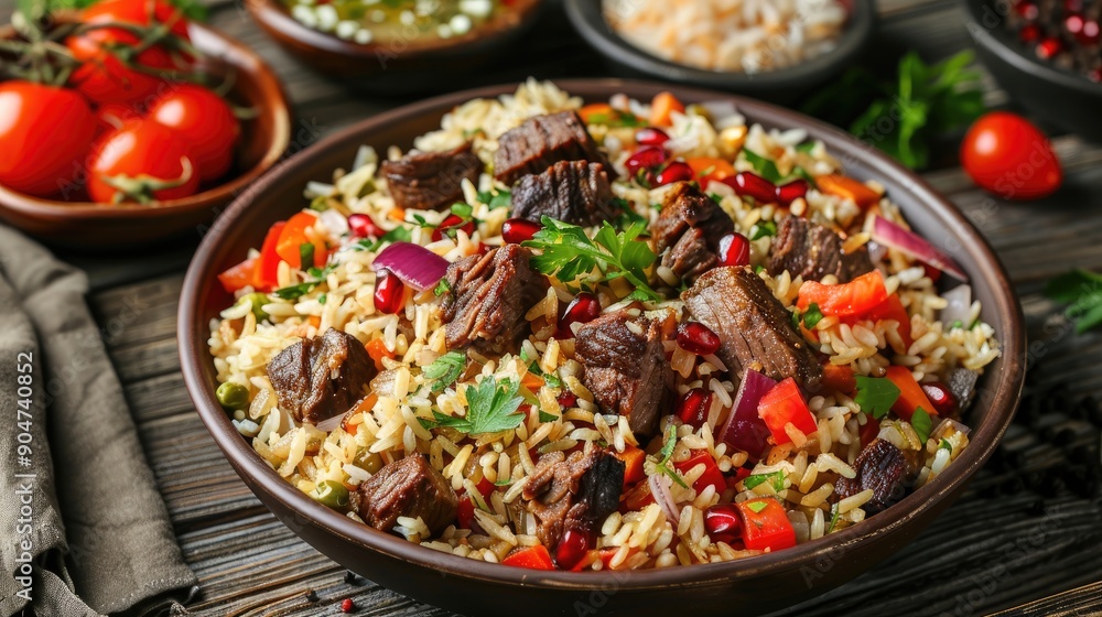 Classic pilaf with beef rice vegetables pomegranate onions tomatoes Classic pilaf with beef rice vegetables pomegranate onions tomatoes