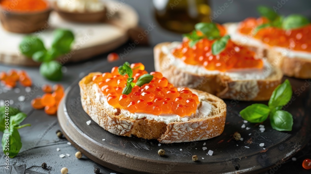 Classic Snack Fresh Bread Sandwich with Red Caviar and Soft Cheese Classic Snack Fresh Bread Sandwich with Red Caviar and Soft Cheese