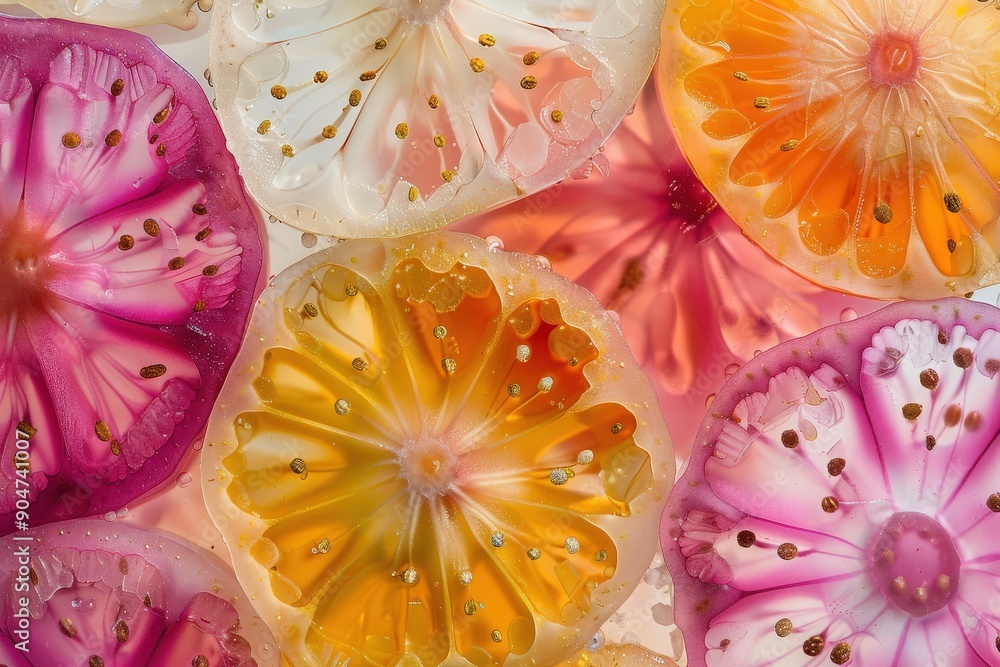 Vibrant and colorful slices of citrus fruits arranged together, showcasing their intricate textures and natural beauty. Vibrant and colorful slices of citrus fruits arranged together, showcasing their intricate textures and natural beauty.