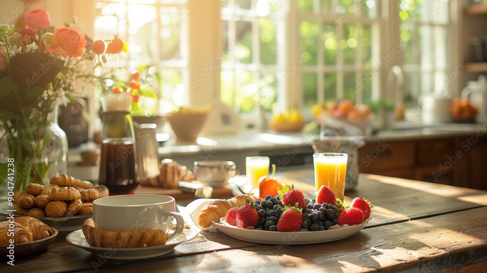 Photo of a beautifully arranged breakfast table featuring a variety of pastries, fresh fruits, coffee, and juice, cozy kitchen background, capturing the essence of a perfect morning meal. Photo of a beautifully arranged breakfast table featuring a variety of pastries, fresh fruits, coffee, and juice, cozy kitchen background, capturing the essence of a perfect morning meal.