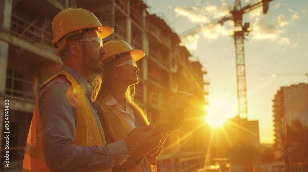 Cinematic Golden Hour Shot Of Construction Site: Caucasian Male Civil Engineer And Hispanic Female Urban Planner Talking, Using Tablet. Trucks, Excavators, Loaders Working, Generative AI