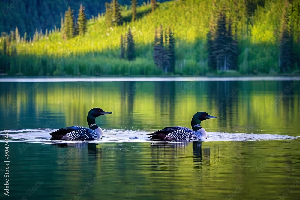 Two Common Loons Swimming in a Lake. Two Common Loons Swimming in a Lake.