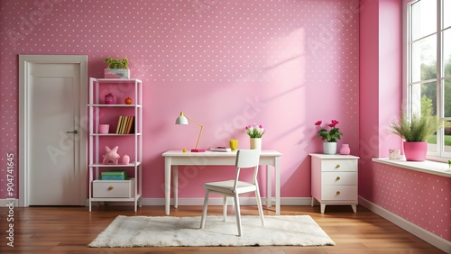 Pink Polka Dot Room Interior with Desk and White Chair.