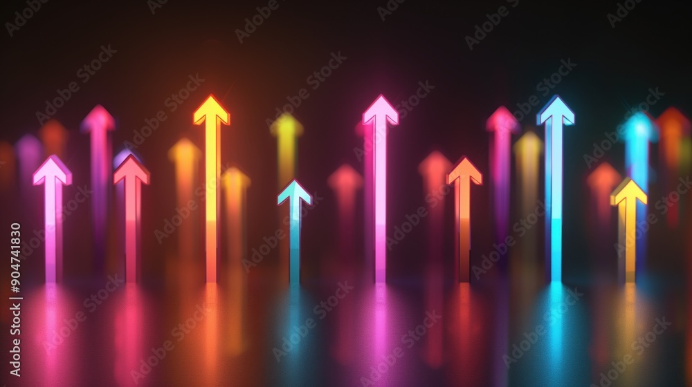 Vibrant Neon Arrows Pointing Upward on Dark Background Symbolizing Growth, Success, and Progress in Business and Technology Vibrant Neon Arrows Pointing Upward on Dark Background Symbolizing Growth, Success, and Progress in Business and Technology