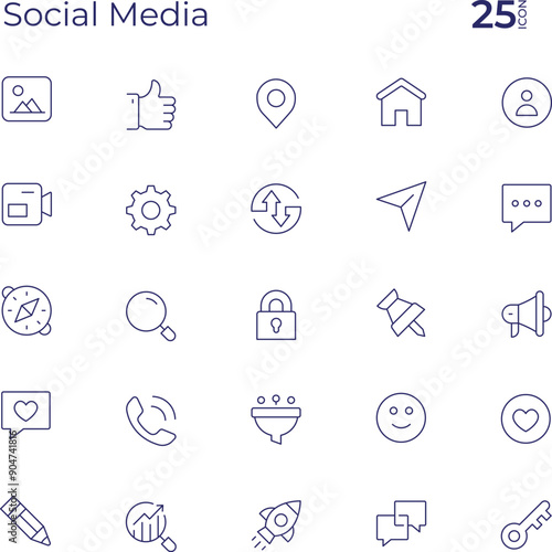 Social Media Line Icon Set" typically refers to a collection of minimalist, vector-based icons representing various social media platforms and related concepts.