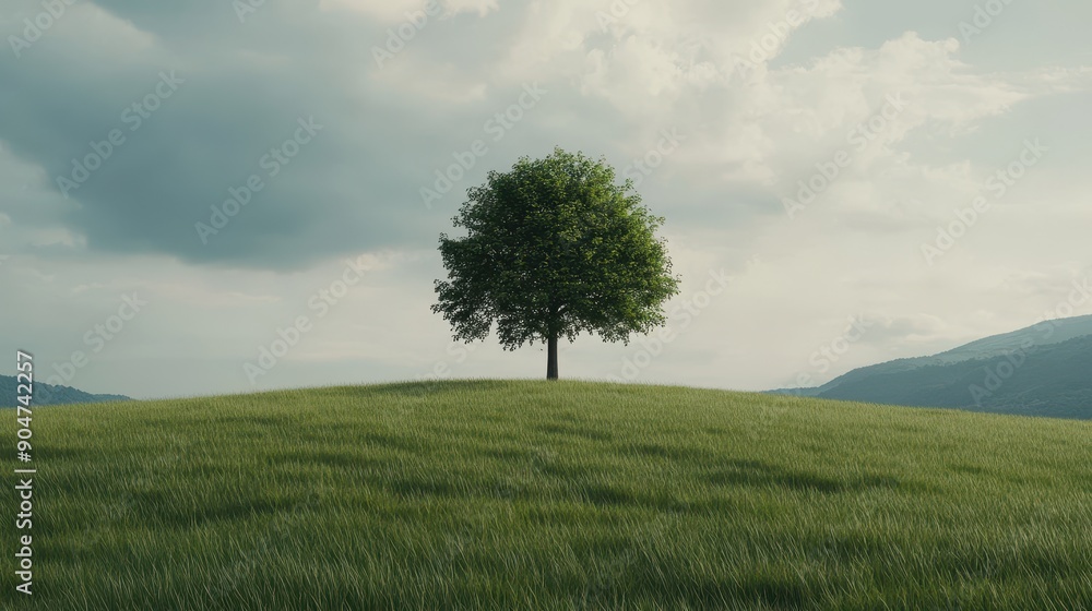 Solitary Tree on a Rolling Green Hill Under a Cloudy Sky with Mountains in the Distance Solitary Tree on a Rolling Green Hill Under a Cloudy Sky with Mountains in the Distance