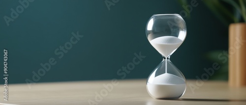 Elegant Glass Hourglass with White Sand on Wooden Table Against Dark Green Background