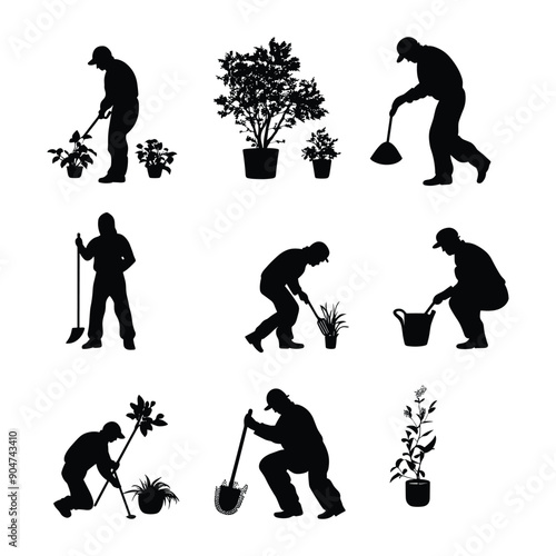 Set of 9 black silhouettes of gardeners working in garden.