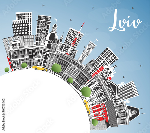 Lviv Ukraine City Skyline with Color Buildings, Blue Sky and Copy Space. Lviv Cityscape with Landmarks. Business Travel and Tourism Concept with Historic Architecture.
