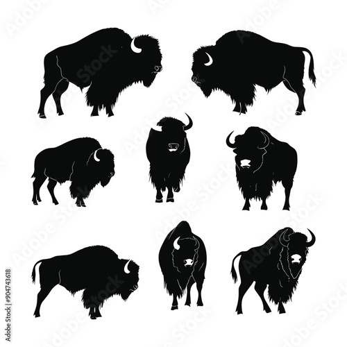 Black silhouettes of bison in different poses. Isolated on a white background.