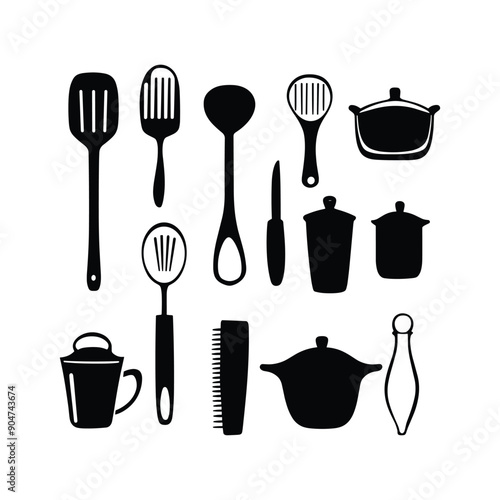 Kitchen utensil icons in black and white. Cooking tools silhouettes.