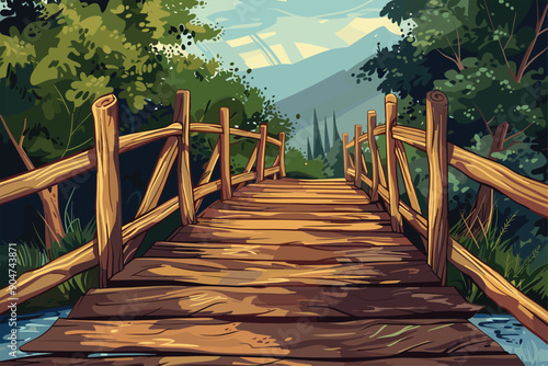 Wooden bridge, Illustration, cartoon background. 