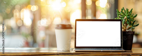 Digital Workspace Mockup in Cozy Coffee Shop | Laptop on Wooden Table with Blurred Cafe Background for Template | Clipping Paths Included