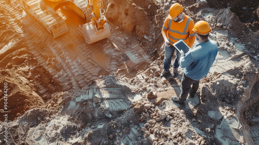 Aerial Drone Shot Of Construction Site With Excavators On Sunny Day: Diverse Team of Real Estate Developers Discussing Project. Civil Engineer, Architect, Inspector Talking, Generative AI