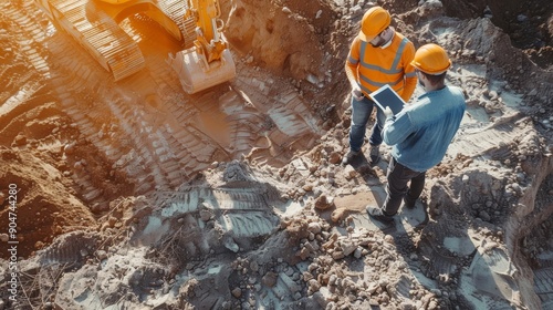 Obraz na płótnie Aerial Drone Shot Of Construction Site With Excavators On Sunny Day: Diverse Team of Real Estate Developers Discussing Project. Civil Engineer, Architect, Inspector Talking, Generative AI w salonie