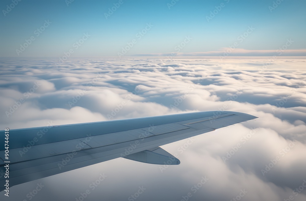 Fototapeta premium Airplane Wing Soaring Above Clouds at Sunset