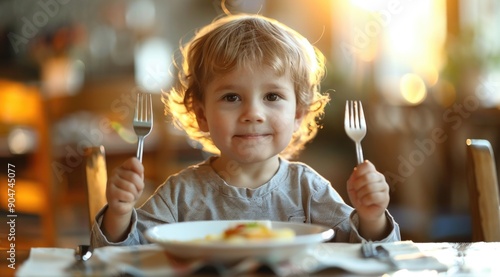 Boy sitting at the table with a fork and spoon