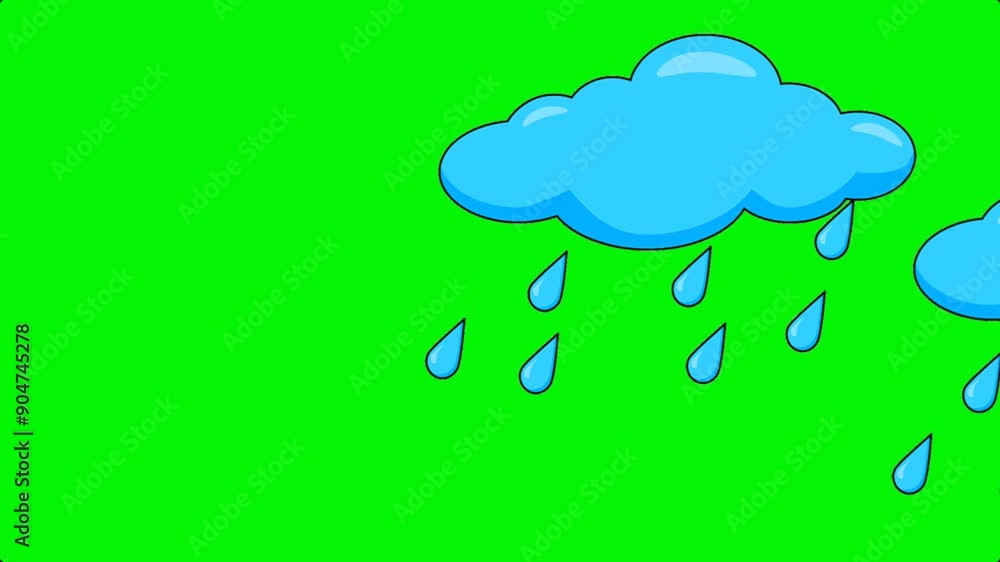 Cartoon Cloud Rain on Green Screen Cartoon Cloud Rain on Green Screen