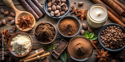 Spices and Ingredients for Chocolate and Coffee Drinks on a Wooden Background