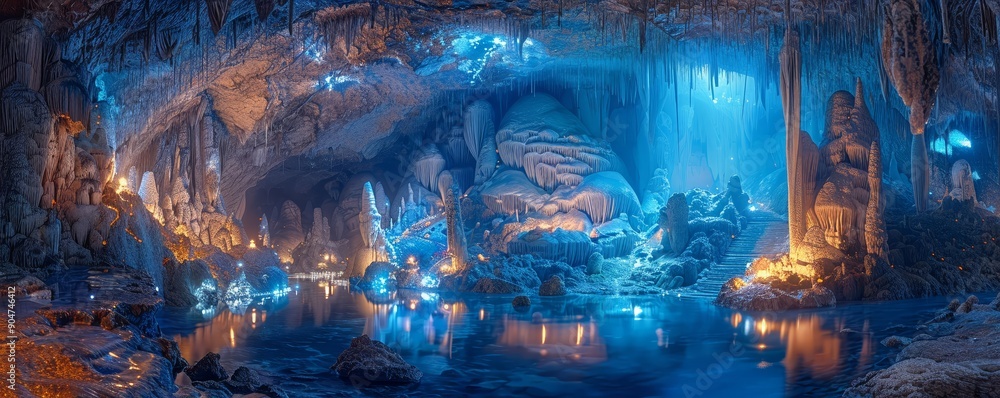 Capture the breathtaking beauty of a vast underground cavern, illuminated by bioluminescent flora and fauna, showcasing the mysterious allure of uncharted subterranean realms Capture the breathtaking beauty of a vast underground cavern, illuminated by bioluminescent flora and fauna, showcasing the mysterious allure of uncharted subterranean realms