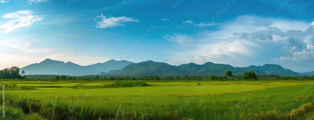 Serene Rice Field Panorama with Mountain Backdrop Serene Rice Field Panorama with Mountain Backdrop