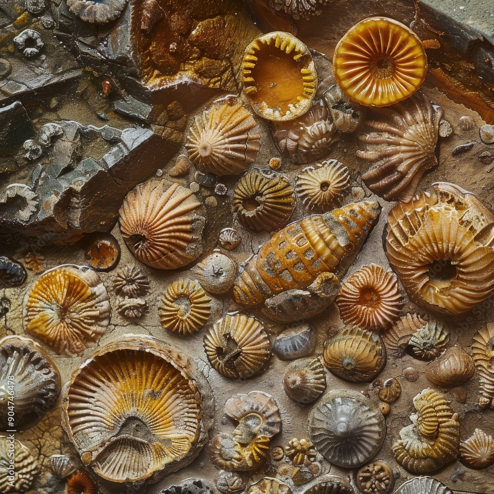 Close-up view of diverse fossilized shells embedded in a rocky surface, showcasing nature's intricate design and history. Close-up view of diverse fossilized shells embedded in a rocky surface, showcasing nature's intricate design and history.