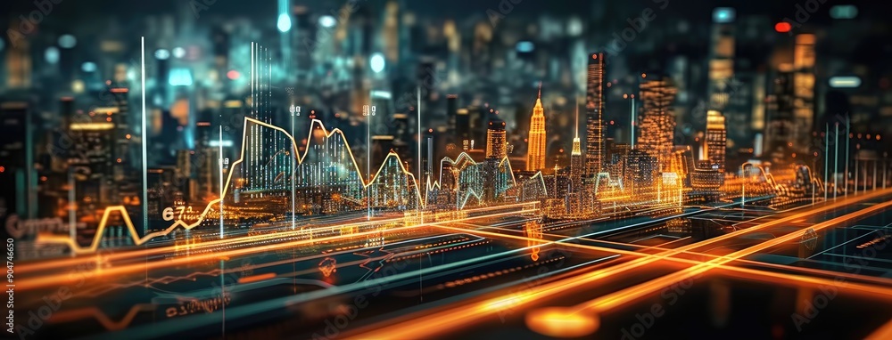 Futuristic City Skyline with Financial Data Analysis Futuristic City Skyline with Financial Data Analysis